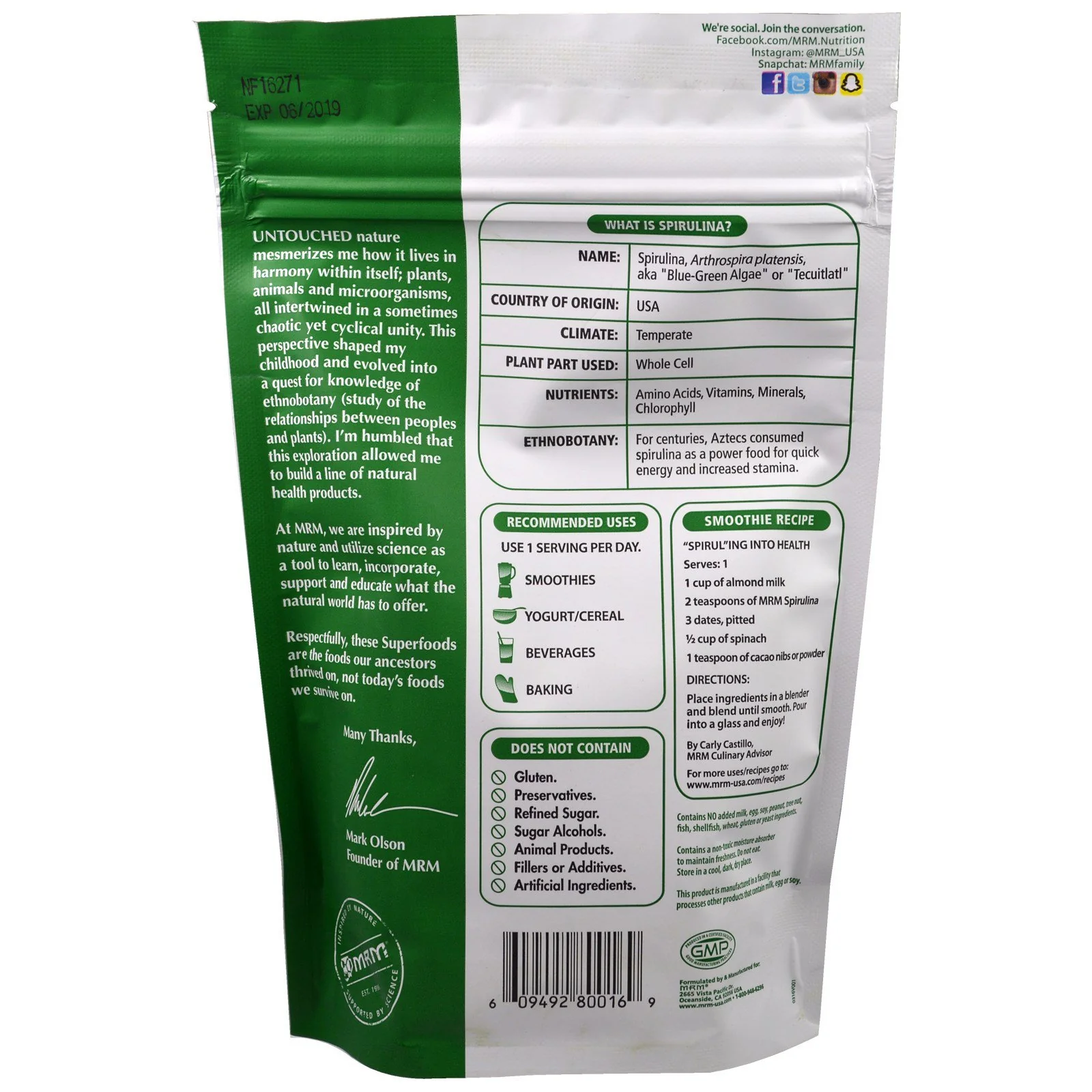 MRM Nutrition Raw Spirulina Powder 240g