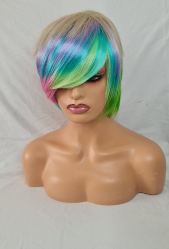 Wigs Rainbow Short Straight Wig Synthetic Wig With Bangs Cosplay Wig - Picture 3 of 8