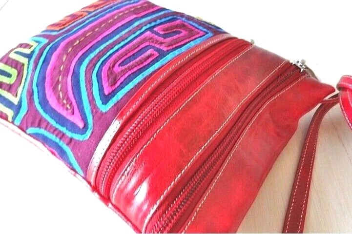 Handbag 100% GENUINE LEATHER Red & Handcrafted Fabric LIMITED Series . NEW