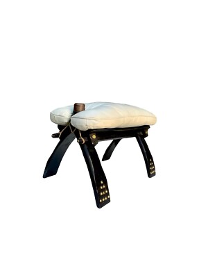 Camel Saddle Stool Leather Cushion on Wood Seat Ottoman Vintage Decor