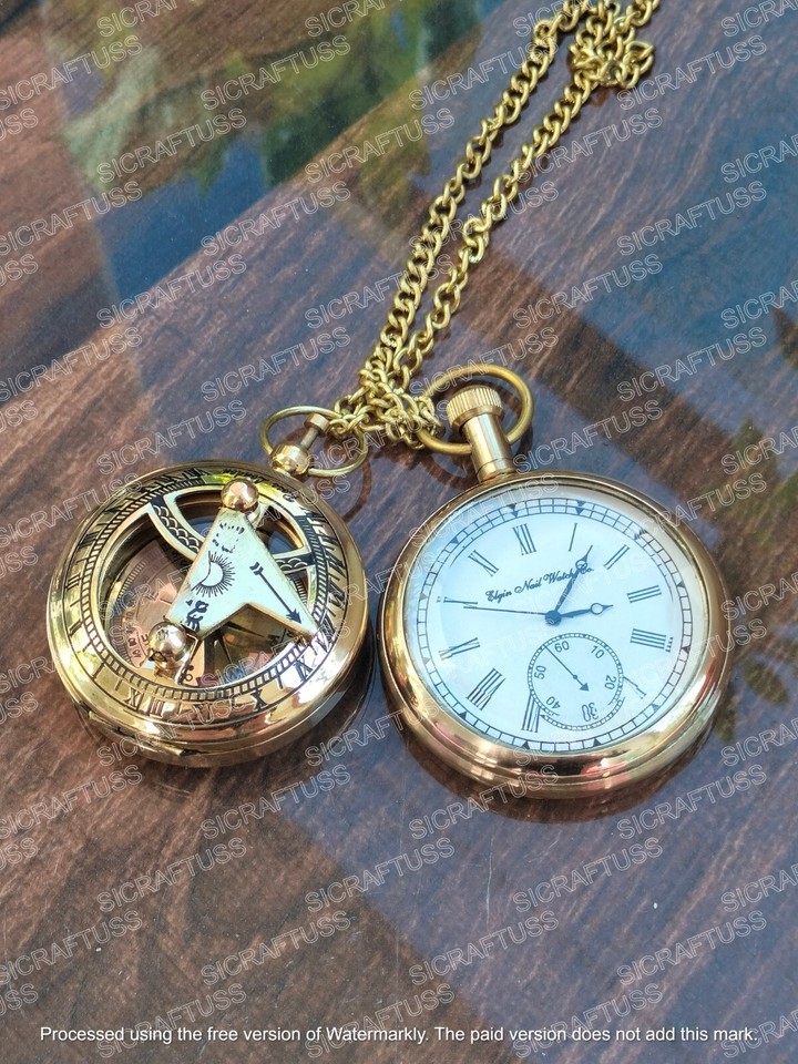 Push Set Watch Set of Brass Elgin Pocket Watch & Push Button Sundial Compass Watch. | eBay