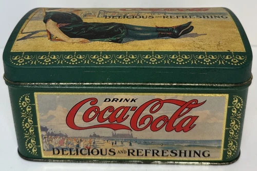 Vintage Coca-Cola Tin w/ Lid Green Delicious and Refreshing 1994 6x4x3"