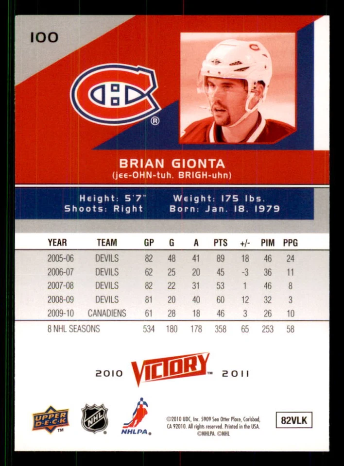 2010-11 Upper Deck Victory #100 Brian Gionta Montreal Canadiens - Image 2 of 2