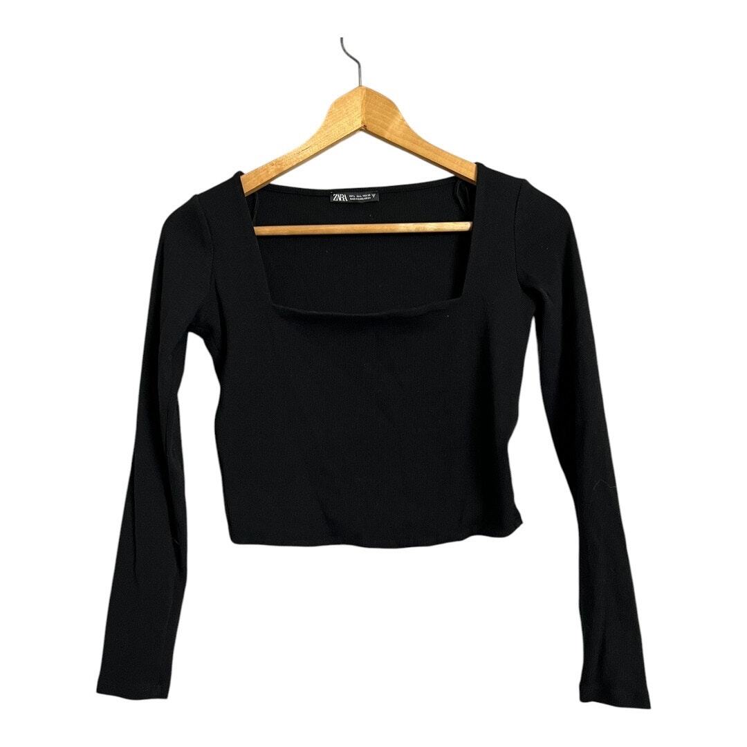 Zara Crop Top Black Ribbed L Large Y2K Style Retro Midriff Basic-image