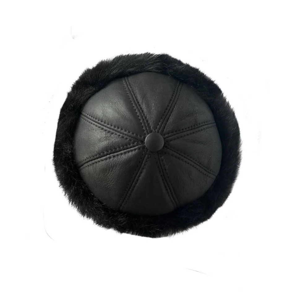 Handmade Sheepskin Fur Beanie Hat Black  – Real Shearling Leather Winter Cap - Image 2 of 4
