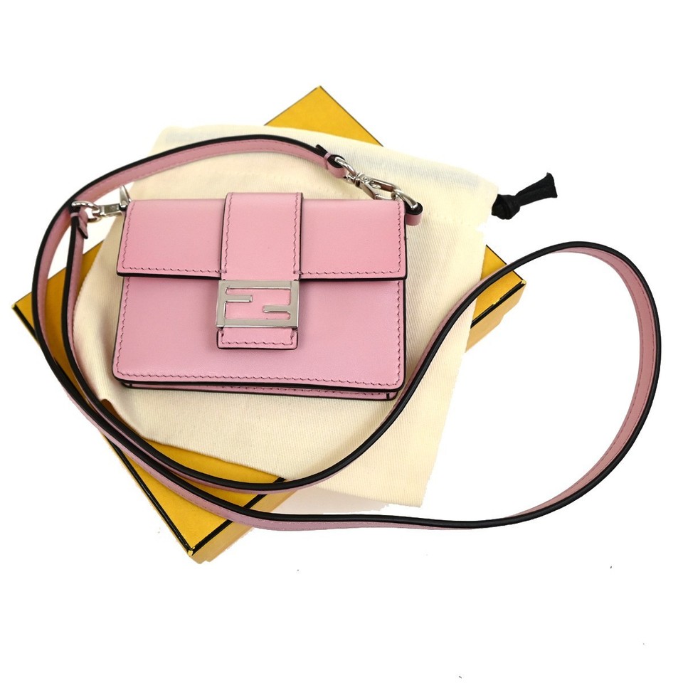 FENDI Logo Micro Baguette Crossbody Shoulder Hand Bag Leather Pink SHW 76YJ049