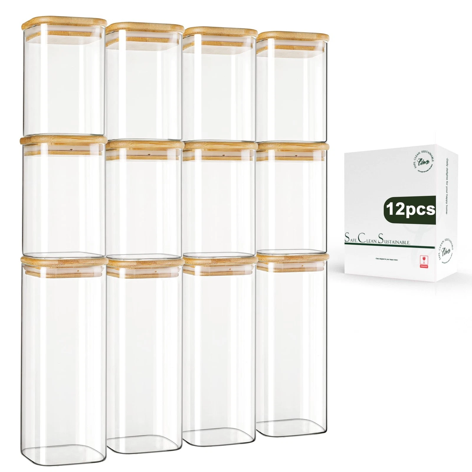 12-Pack Square Glass Storage Jars with Bamboo Lids (0.6Qt/1.06Qt) - Stackable...