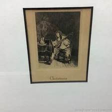 Small Etching Print Christmas Soldier Playing the Theorbo Musician by Meissonier