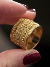 Yellow Gold Wide Band Ring With Cubic Zirconia Size 5 6 7 8 9 10 11 12
