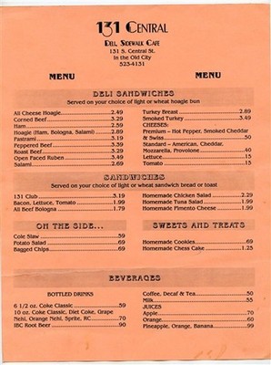 131 Central Del Sidewalk Cafe Menu Old City Knoxville Tennessee 1990's