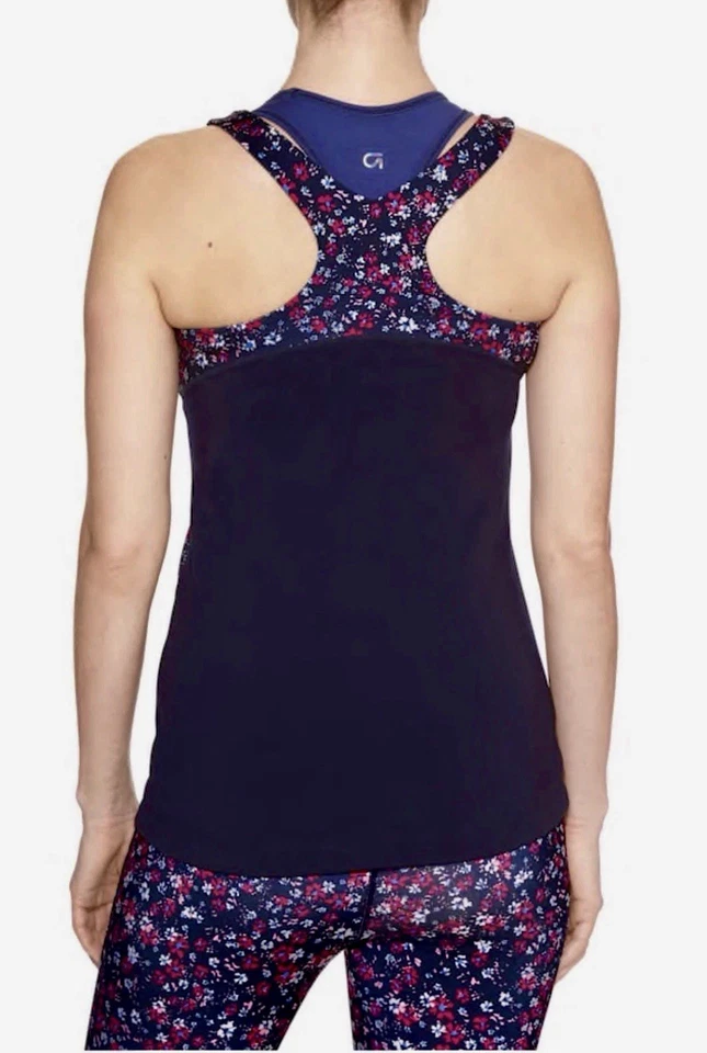 女士 GAP GapFit V 领赛车背部主动压缩背心,蓝色花卉,大号 — 第 2/4 张图片