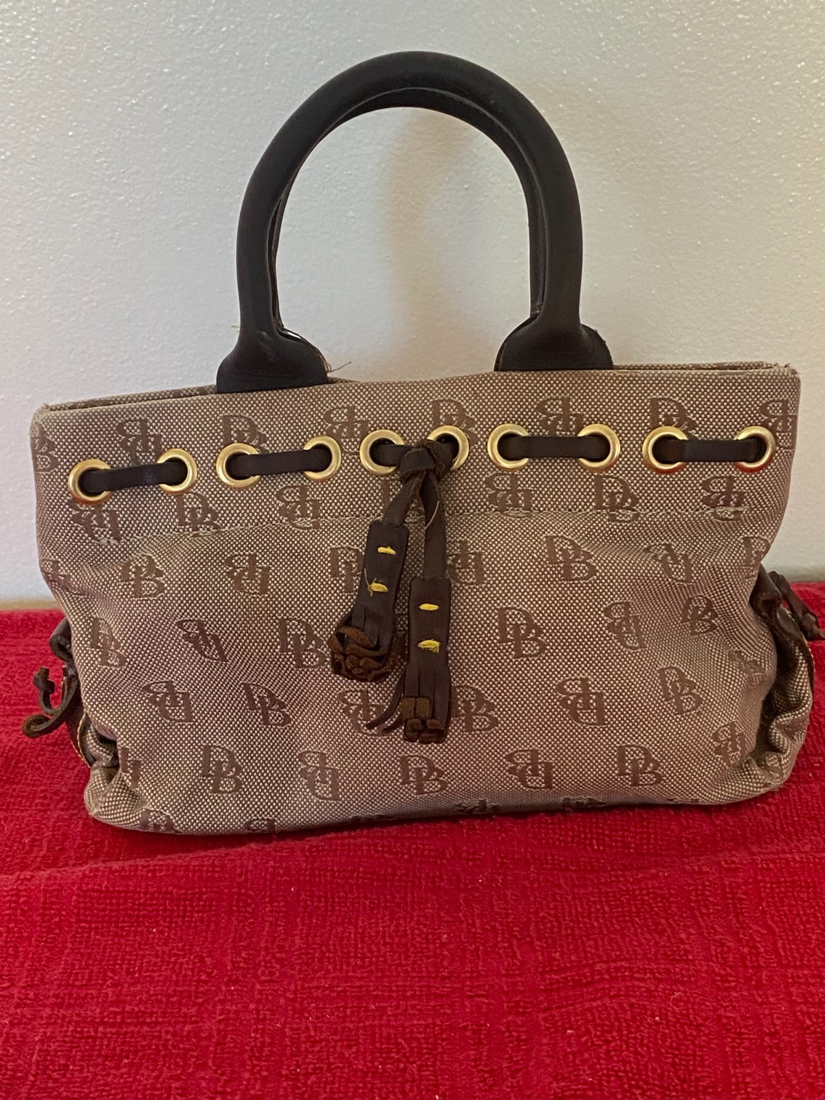 Vintage Dooney & Bourke Signature Mini Tassel Canvas/Leather Bag Khaki Y2K BOHO