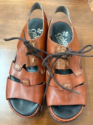 Rieker Anti Stress Comfort Lace Up Brown Leather Low Heel Sandals Size 40 US 9 M