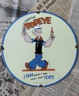 VINTAGE 1949 DRINK POPEYE SODA ADVERTISING 12 INCH PORCELAIN ENAMEL SIGN