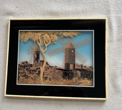 Vintage Asian Hand Carved Cork 3-D Diorama Old Dutch Windmill Scene Metal Frame