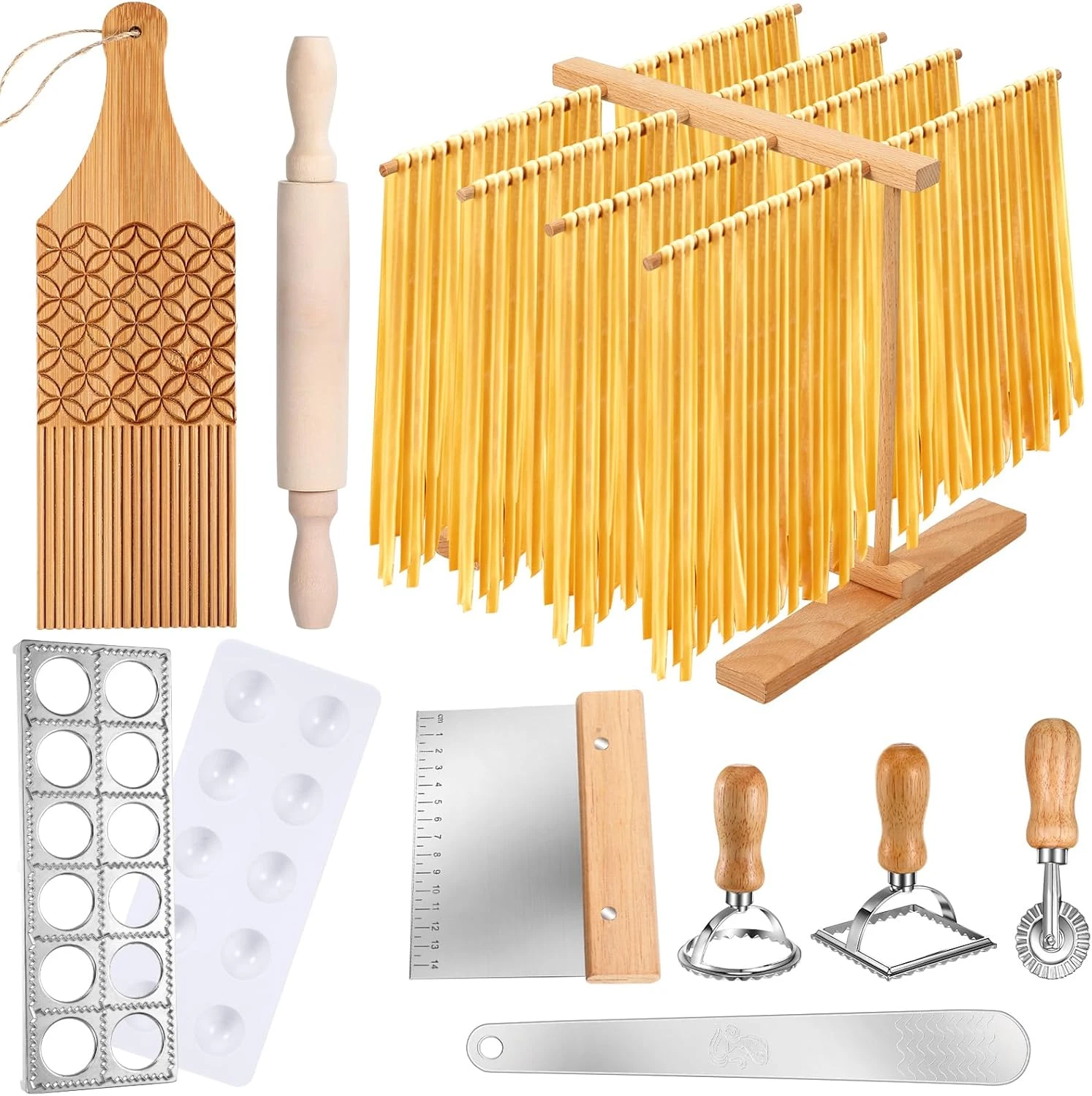 9 Pcs Pasta Making Tool Set Include 1 Bamboo Drying Rack 1 Ravioli Press 1 Gnocc