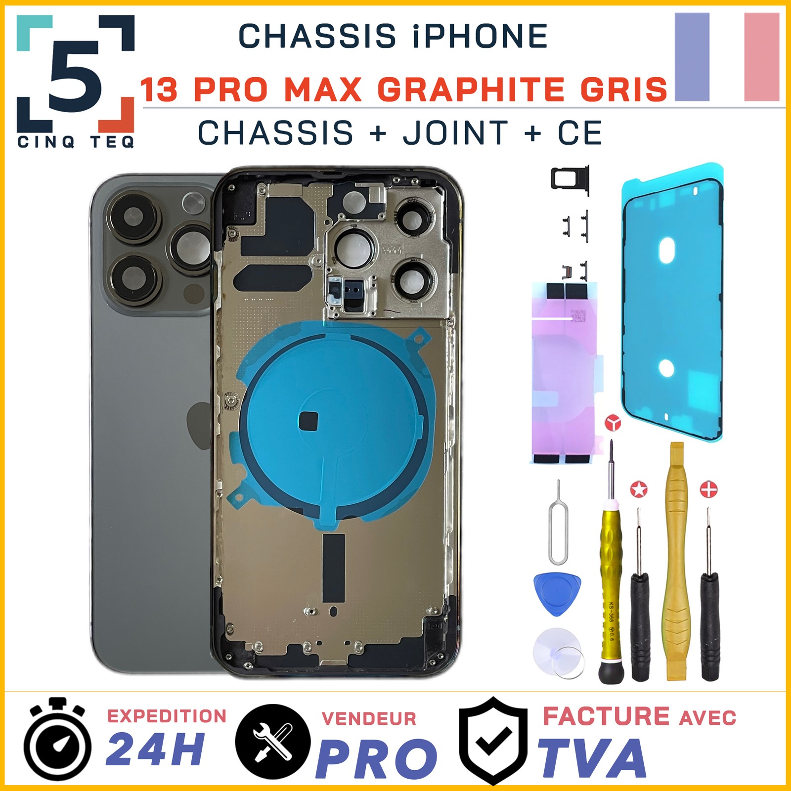 Châssis iPhone 13 Pro Max graphite cassé ? Remplacez le boîtier nu avec joint et outils