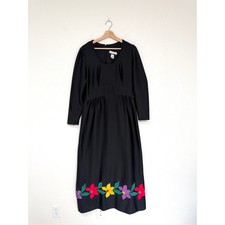 VINTAGE Leslie Fay Black Floral Embroidered Maxi Dress Long Sleeve Size M/L