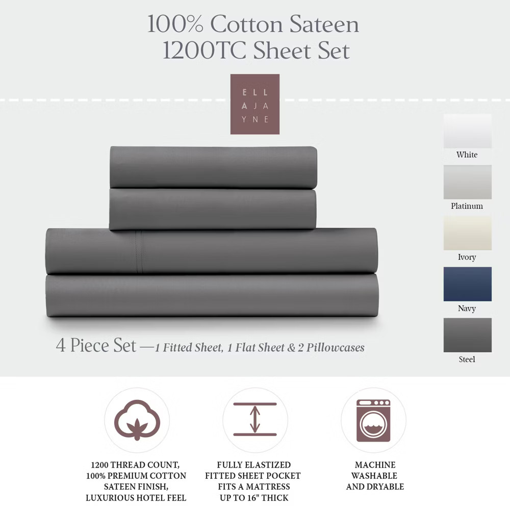 Ella Jayne 1200 Thread Count 100% Cotton Sateen Deep Pocket 4-piece Sheet
