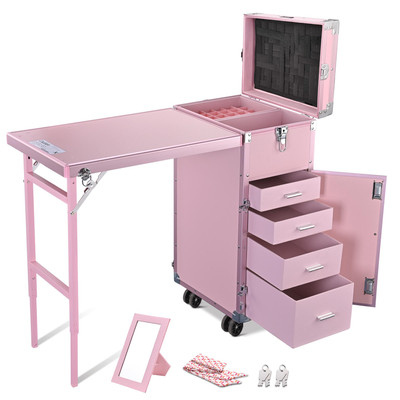 Byootique Rolling Manicure Table Foldable Nail Desk Makeup Train Case Trolley
