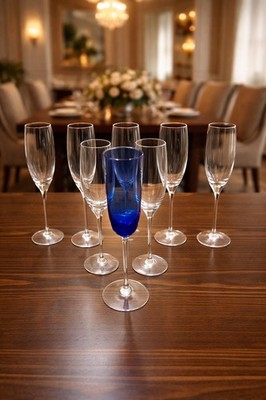 Lenox Crystal Champagne Flutes Set of  8. Six Clear + 1 Blue Host Toasting Glass