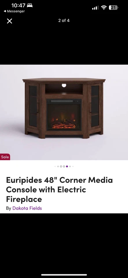 48-дюймовая угловая медиаконсоль Euripides с электрической каминной подставкой для телевизора - Изображение 2 из 4