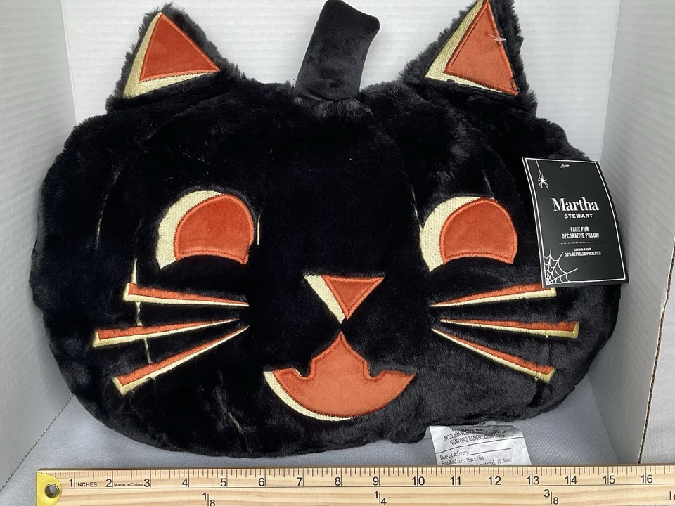 Martha Stewart 人造毛皮装饰枕头 万圣节 黑色 猫 全新 — 第 3/4 张图片