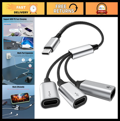 USB C Splitter Cable, 3 in 1 Hub Adapter, Fast Charging & Data Transfer for Mac,