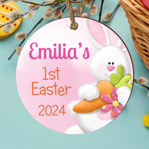 Personalised 1st First Easter Wooden Bauble Baby Girl Bunny Decoration Pink Gift - Picture 12 of 16