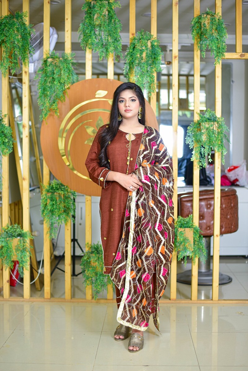 Brown Party Wear Indian Pakistani Kameez Dress Gota Work With Foil Work Dupatta