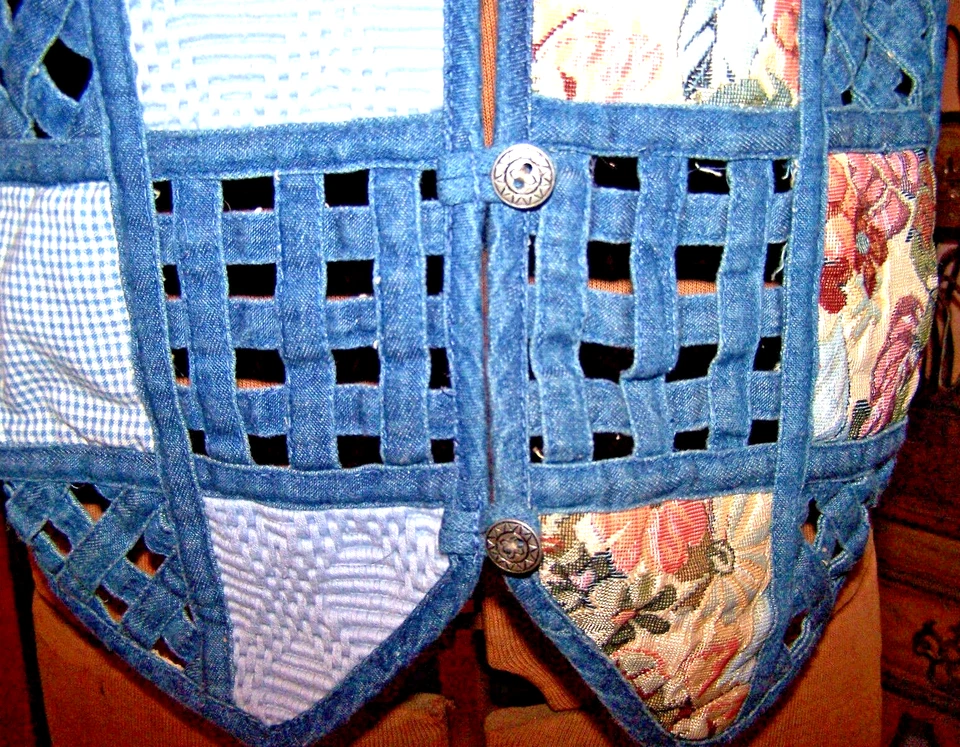 ANEXO DE ESQUINA CASUAL Azul Jean TAPIZ PARCHES Botón Gofre Cuello en V Chaleco/Talla S Foto 3 de 4
