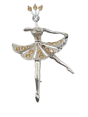 Silver Tone Rhinestone Figural Ballerina Brooch Pin