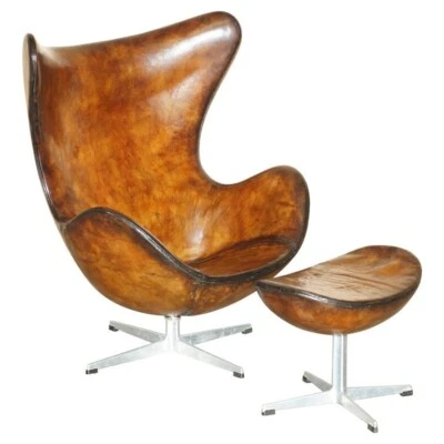 ORIGINAL FULLY RESTORED 1965 FRITZ HANSEN EGG CHAIR & FOOTSTOOL IN BROWN LEATHER - Image 1 of 4