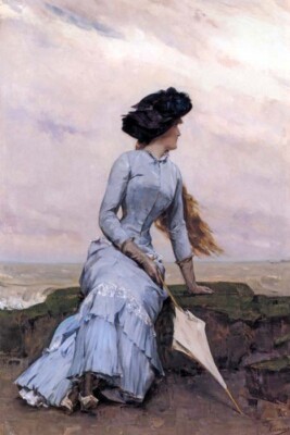 LOOKING OUT TO SEA WOMAN BLUE DRESS FASHION PAINTING BY CHARLES HERMANS REPRO