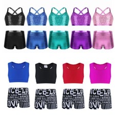UK Girls Dance Sports Outfit Kids Gym Crop Top+Shorts Ballet Gymnastics Costumes