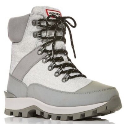 NEW $185 Hunter Glitter Commando Boot Silver/Tundra Gray Sz 8