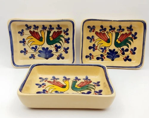 Vtg Set of 3 Eduardo Vega Pottery Ecuador HP & Signed Double Bird Sm Bowls 5"