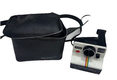 Vintage Polaroid One Step Land Camera White Rainbow Stripe With Strap Case 