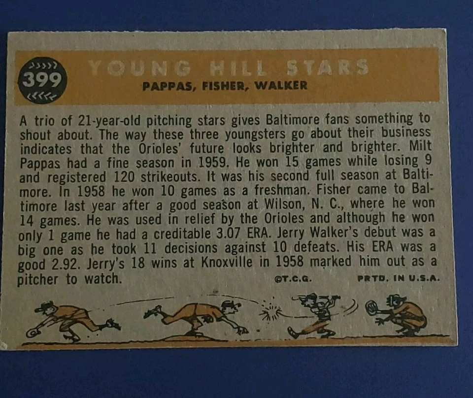 Milt Pappas Jack Fisher Jerry Walker Signed AUTO 1960 Topps Young Hill Stars 399 - Image 2 of 2