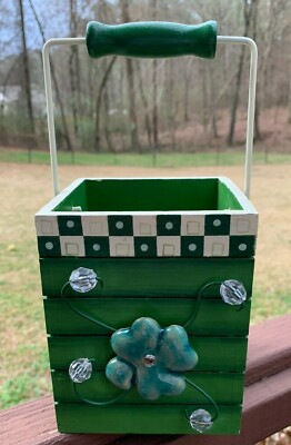 3D Shamrock Wooden Box with Bale Handle St. Patrick's Day Decor 2004