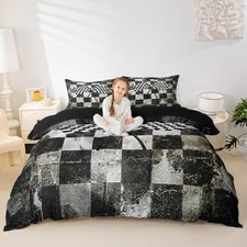 Checkered Flag Duvet Cover Queen Size,Black White Grid Queen 90"x90" Grid 03