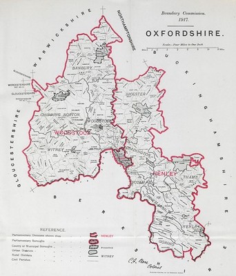 Oxfordshire Parliamentary County. GRENZKOMMISSION. Schließen 1917 alte Karte