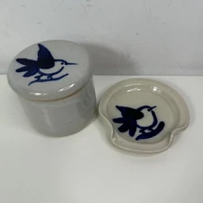 Millner Butter Keeper French Bell Stoneware Dish Crock Storage  3.5” w/Blue Bird