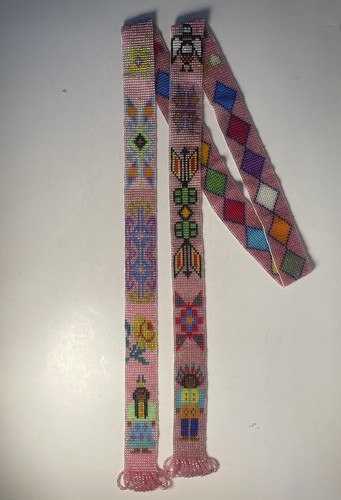 Colorful Hand Beaded Native American 53” Sash W/Pink Pearlescent Backdrop