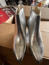 Silver Glitter Ankle Bootie Block Heel Zip Closure Pointed Toe Synthetic