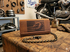 US Flag Eagle Genuine Leather Trifold RFID Blocking Biker Wallet With Chain