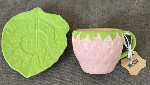 Lang By Design Pink Strawberry Tea Cup Coffee Mug & Leaf Saucer Hand Painted NWT - Afbeelding 7 van 23
