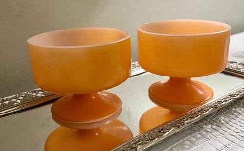 Pair Of MCM VTG Federal Glass Footed Dessert Dish Milk Glass  Cased Orange