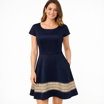 NWT Lilly Pulitzer Klara Dress 10 True Navy Gold Trim  Embroidered Scuba Party 