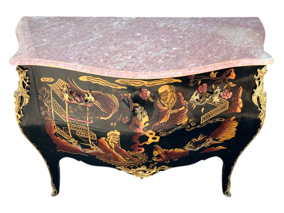 Elegante Cómoda Estilo Francés Luis XV Laca Negra Pintada a Mano Motivos Asiáticos Foto 3 de 4